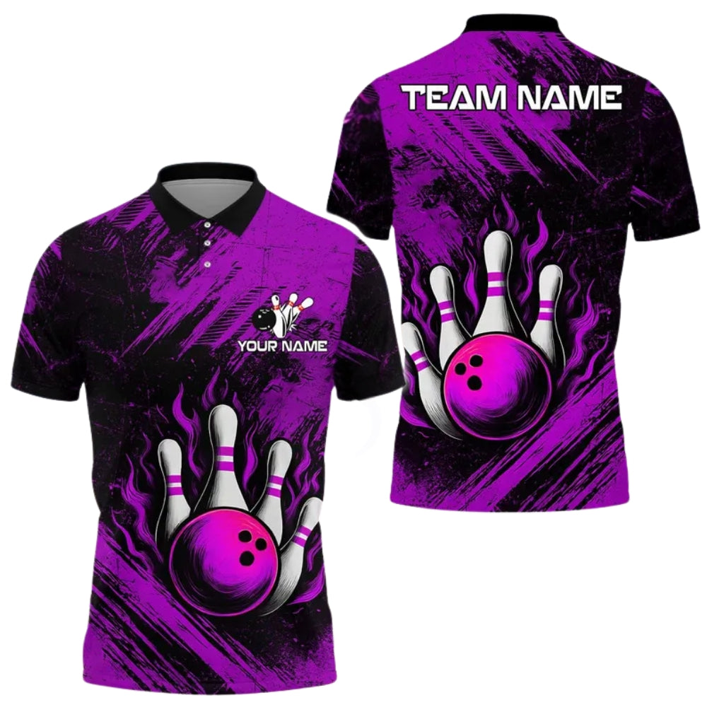 Custom Blue Flame Bowling Polo Shirts For Mens, Custom Flame Bowling Shirts For Team BE0118