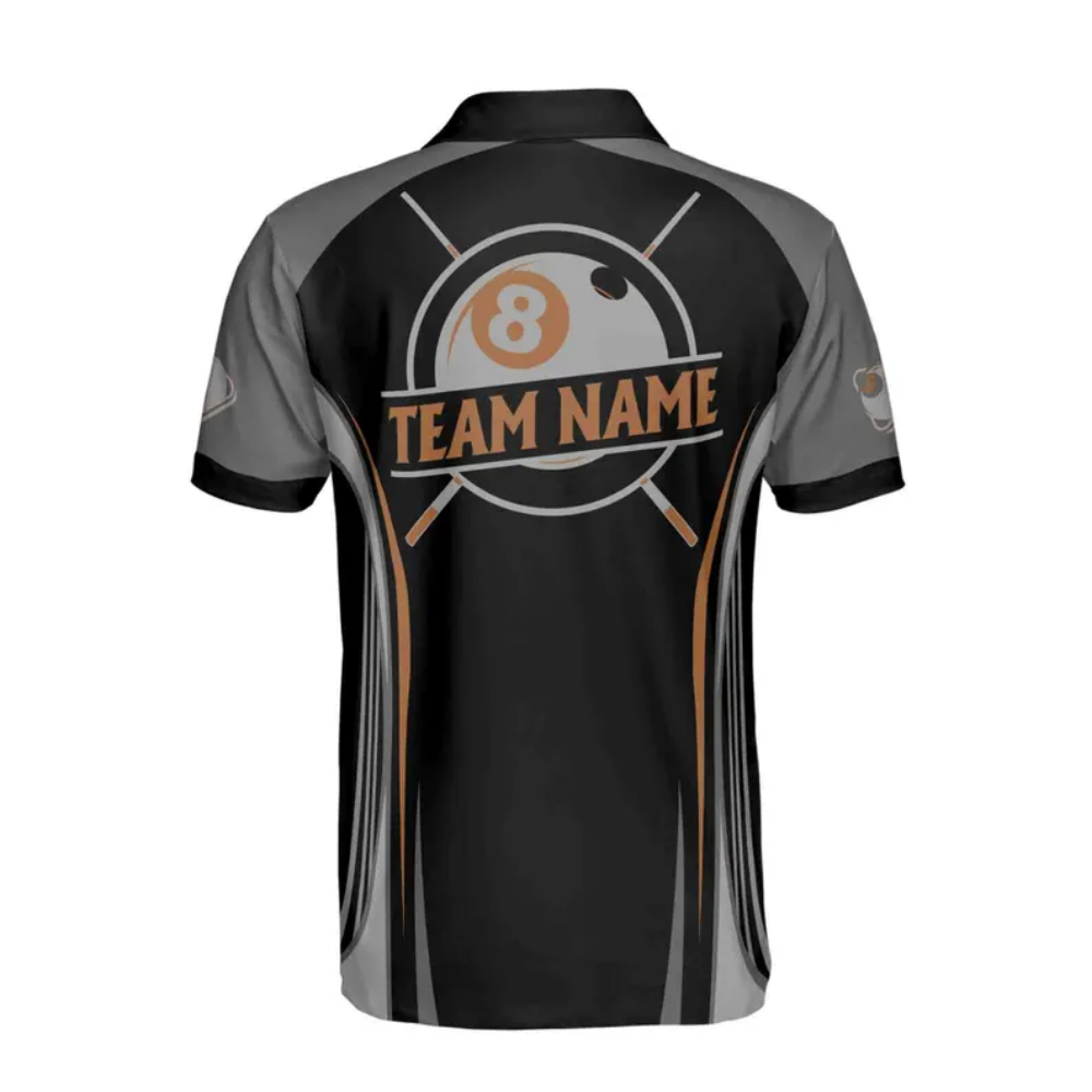 Custom 8 Ball Polo Team Shirt For Men, Custom Black Grey Pool Billiard Shirts BIE0017