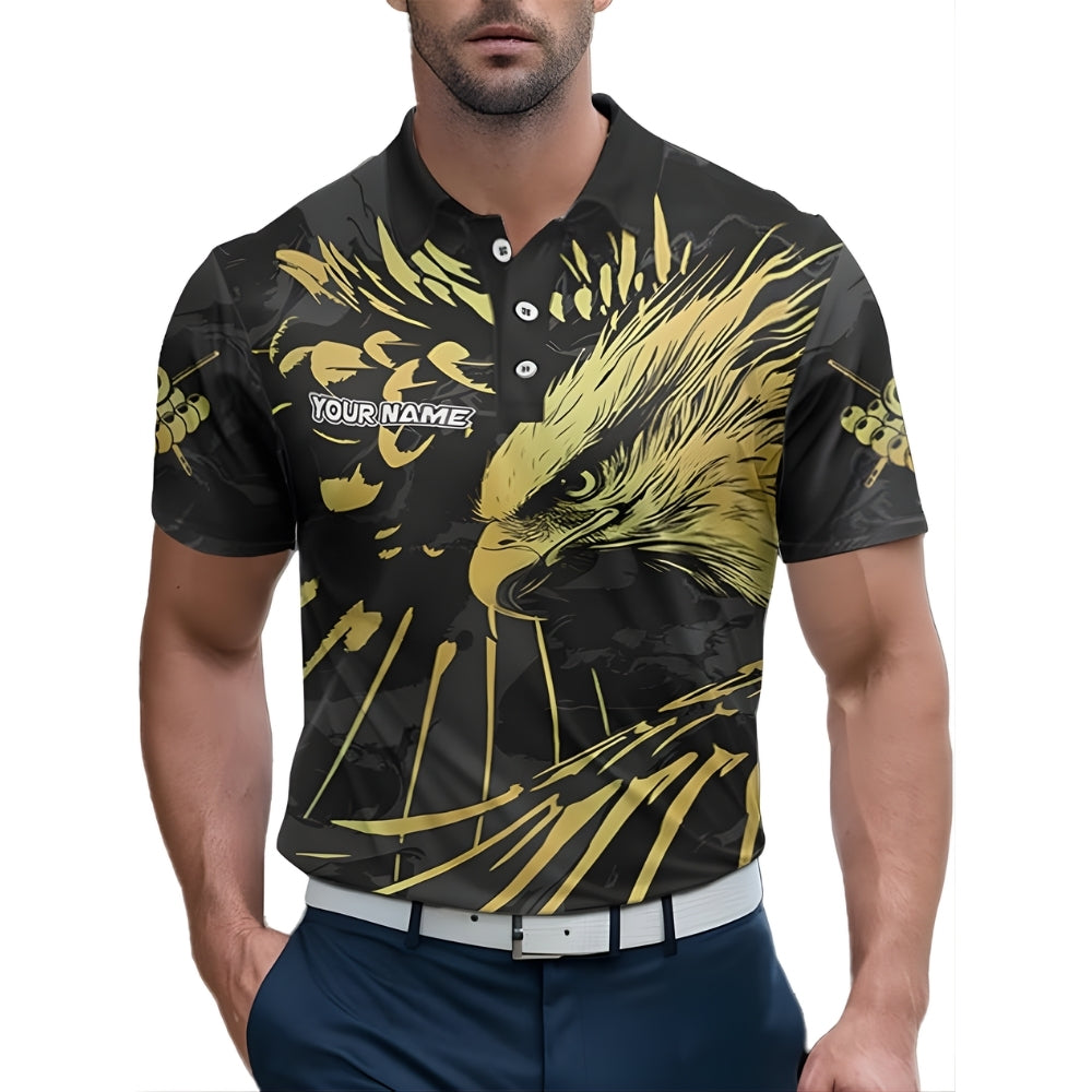 Custom Black And Gold Eagle 8 Ball Billiard Men Polo Team Shirt, Custom Eagle Pool Billiard Shirt BIZ0002
