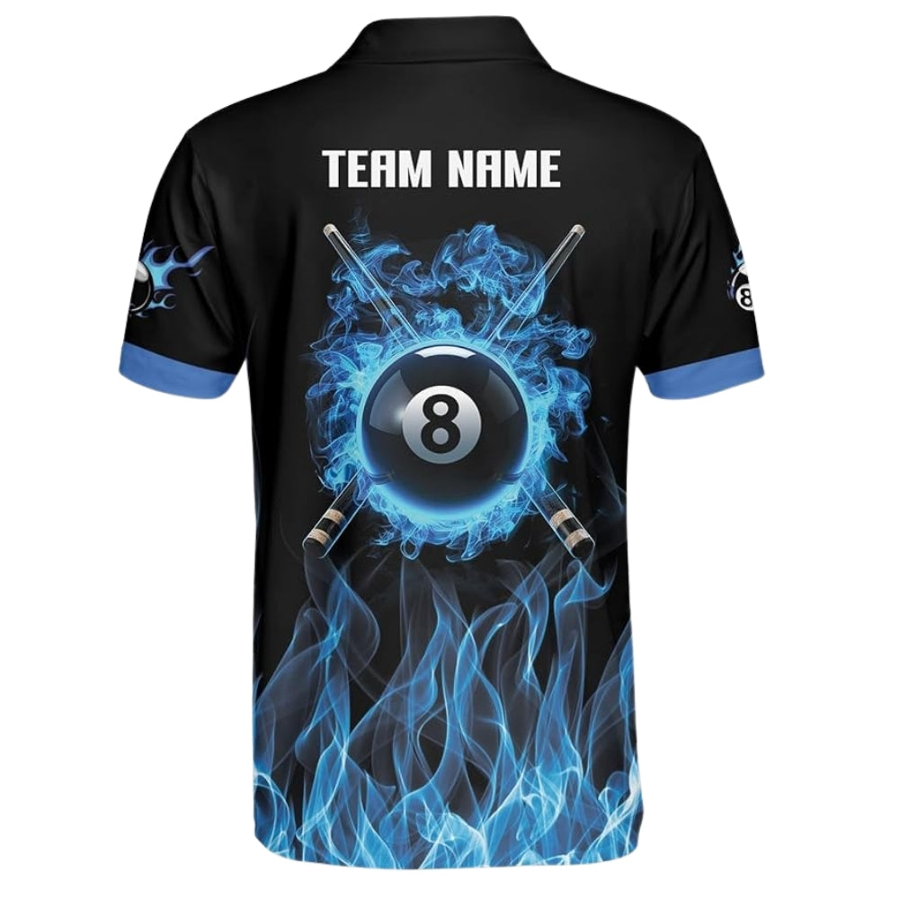 Custom Blue Flame 8 Ball Billiard Polo Shirt Mens, Custom Flame Pool Billiard Team Shirts BIZ0020