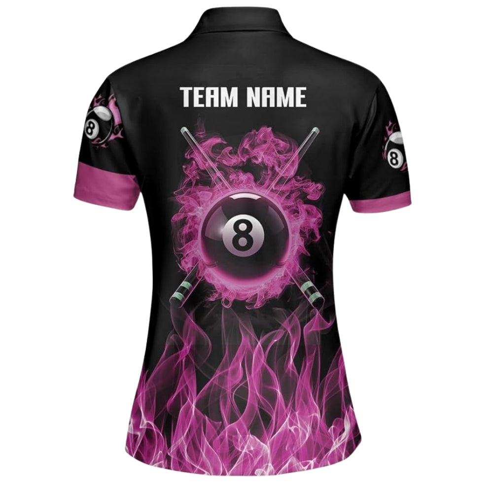 Custom Purple Flame 8 Ball Women's Billiard Polo Shirt, Custom Flame Billiard Team Shirt BIZ0025