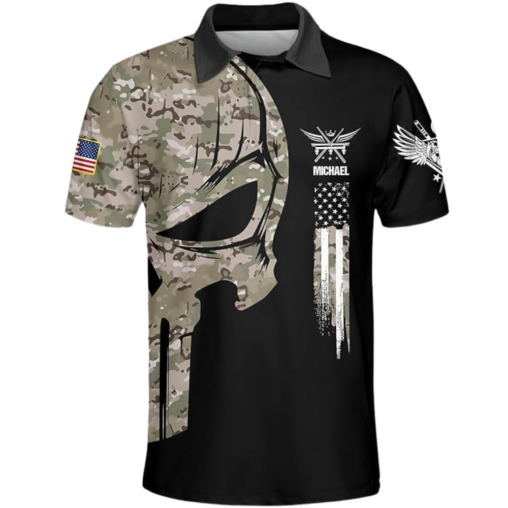 Custom Skull Camo Mens Billiard Polo Shirt, Custom Skull Camo Patriotic Billiard Team Shirts BIZ0037