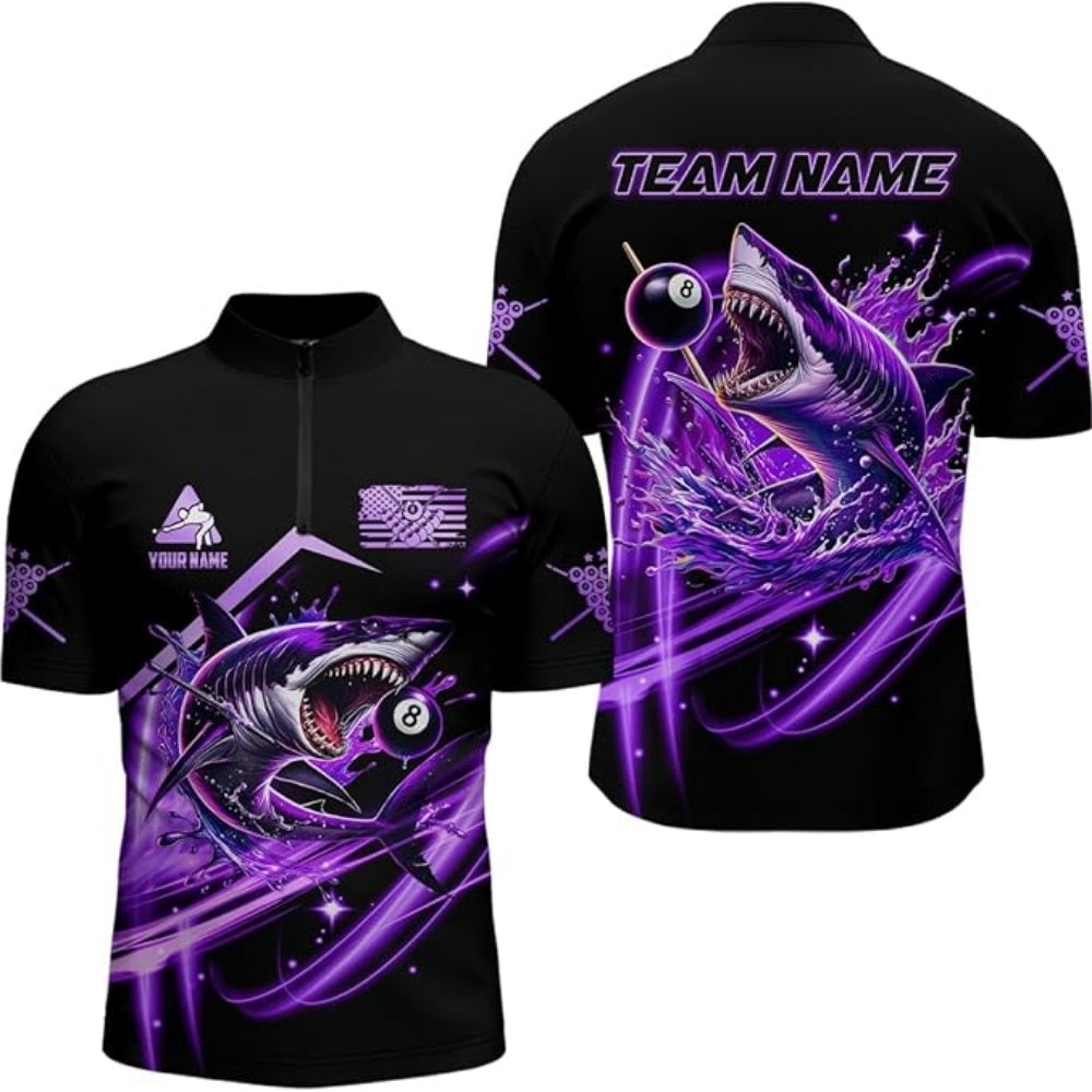 Custom Shark 8 Ball Purple Black Billiard Jersey Mens, Custom Shark Billiard Team Shirts BIZ0045