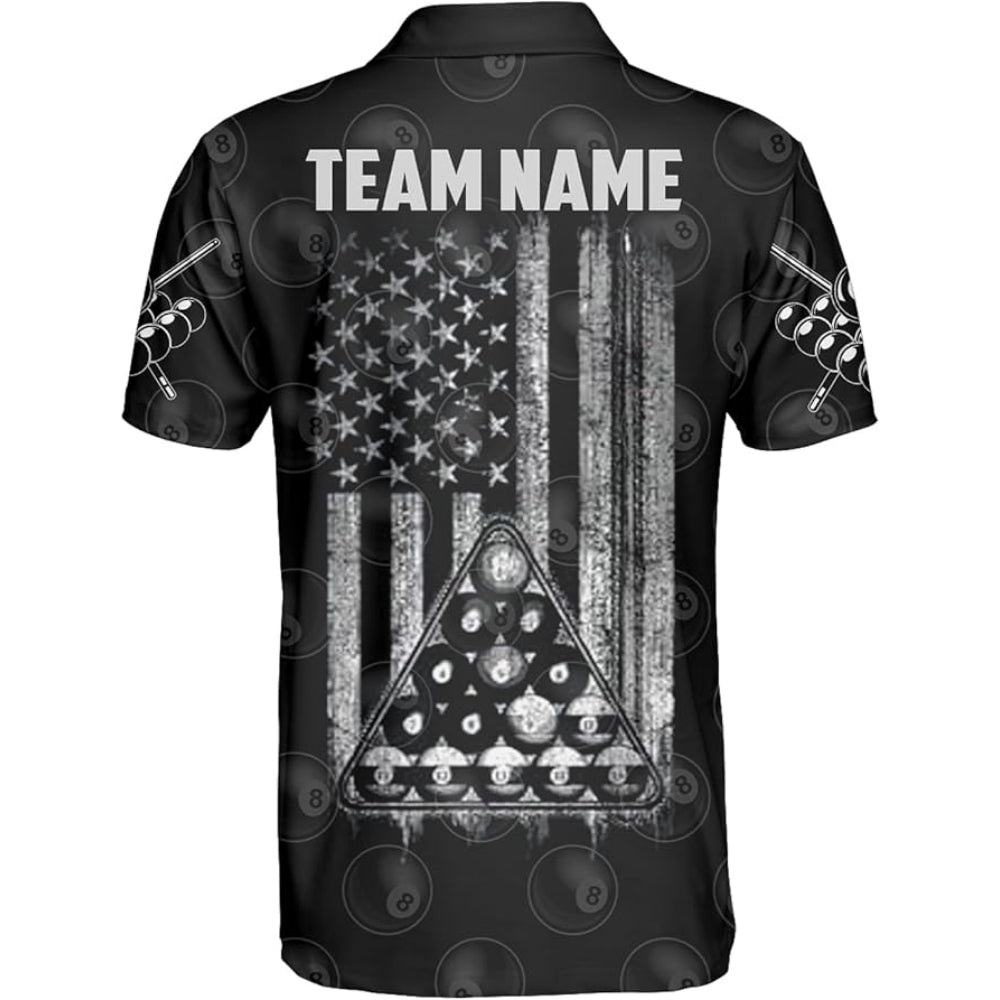 Custom American Flag Billiard Polo Shirt Mens, Custom Black Patriotic Billiard Team Shirt BIZ0049