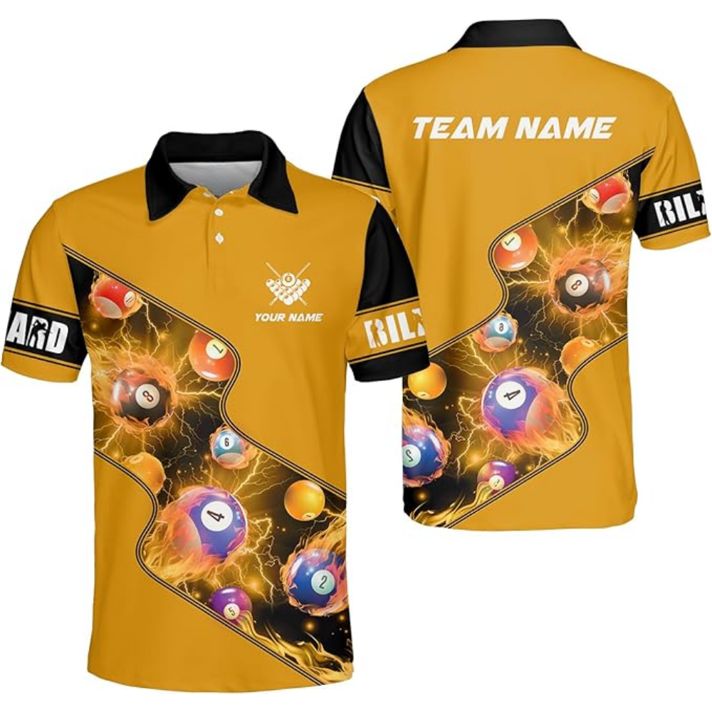 Custom Flame Ball Red Billard Polo Shirts Men, Custom Pool Billiard Team Shirts BIZ0061