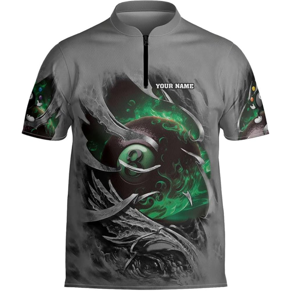 Custom Grey And Red Flaming 8 Ball Billiard Jersey For Men, Custom 8 Ball Billiard Team Shirts BIZ0070