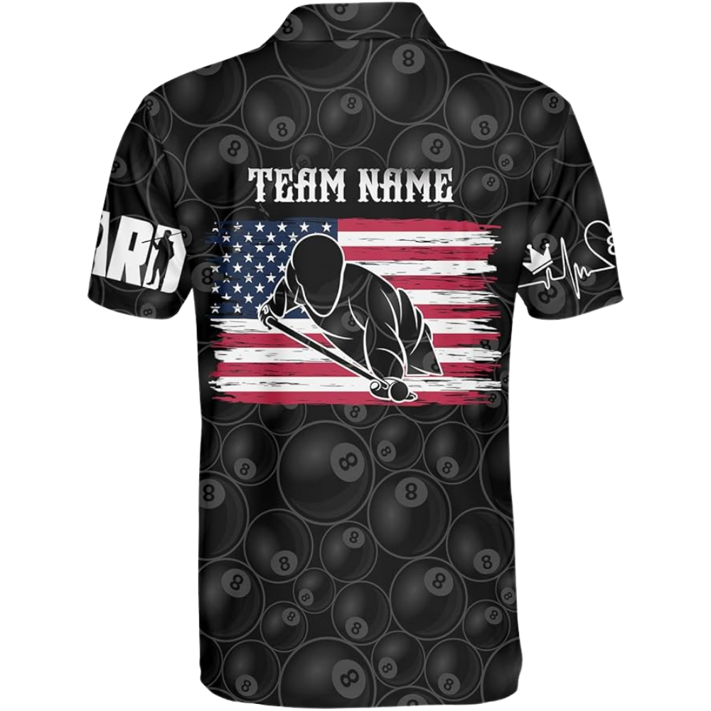 Custom American Flag 8 Ball Black Billiard Men Polo Shirts, Custom Patriotic Pool Billiard Team Shirts BIZ0079