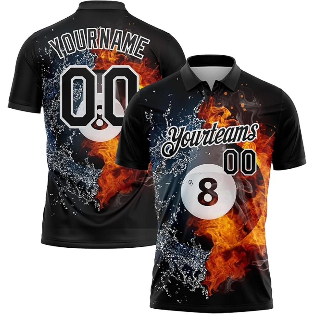 Custom 8 Ball Polo Team Shirt Men, Custom Water Flame Billiard Shirts BIZ0109