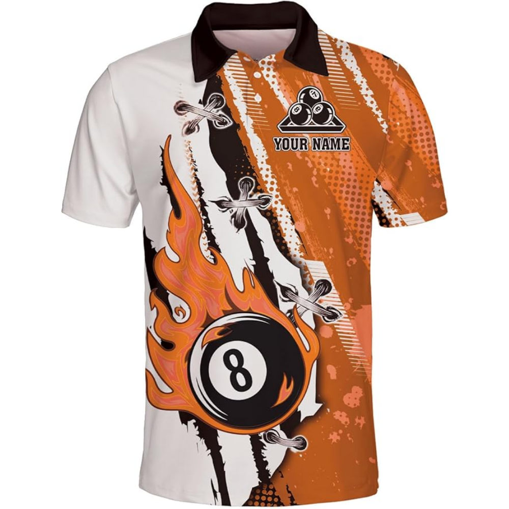 Custom Flaming 8 Ball Blue And White Billiard Men's Polo Shirt, Custom 8 Ball Billiard Team Shirts BIZ0126