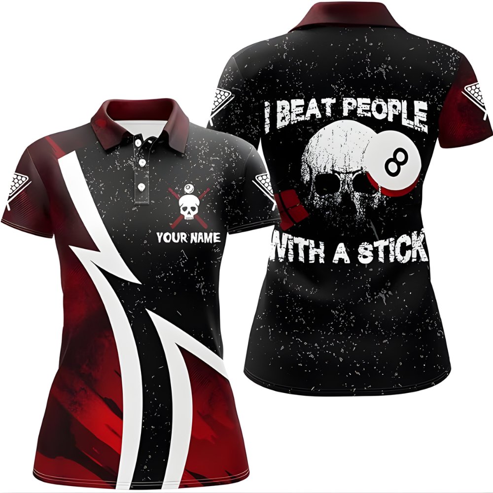 I Beat People With A Stick Custom Black And Red Skull Billiard Polo Shirt Women, Custom Funny Billiard Team Shirt For Ladies BIZ0139