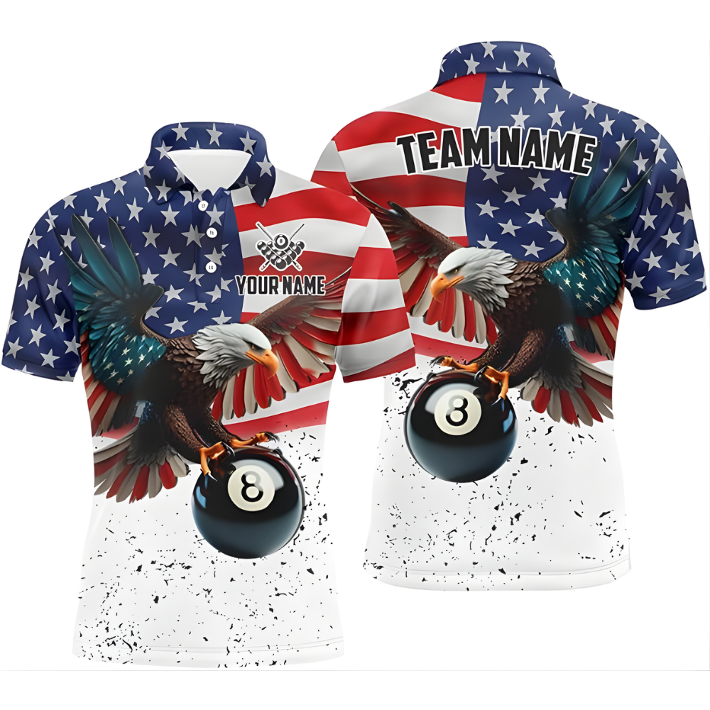 Custom American Eagle 8 Ball Billiard Polo Shirt Mens, Custom Eagle Patriotic Billiard Team Shirts BIZ0144