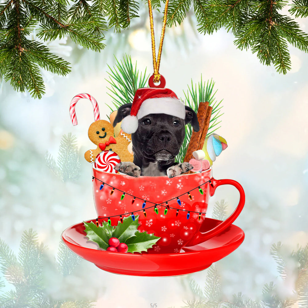 BLACK American Staffordshire Terrier In Cup Merry Christmas Ornament Flat Acrylic Dog Ornament OO1840