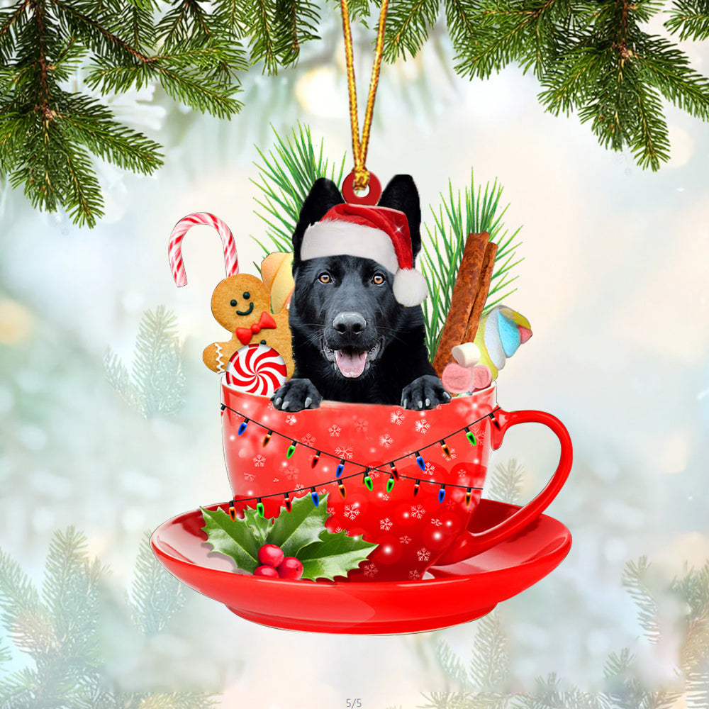 BLACK German Shepherd In Cup Merry Christmas Ornament Flat Acrylic Dog Ornament OO1920