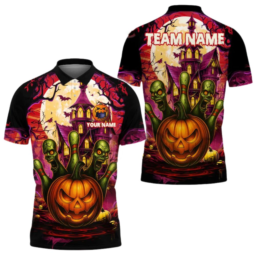Custom Halloween Bowling Polo Shirt For Men, Custom Halloween Bowling Team Shirts BZ0279
