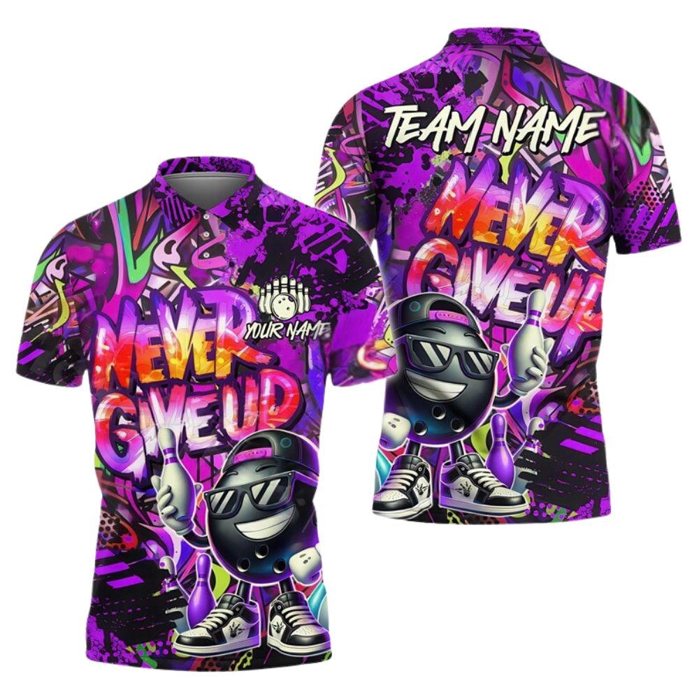 Never Give Up Custom Graffiti Funny Bowling Polo Shirts Men, Custom Funny Bowling Team Shirts BZ0281