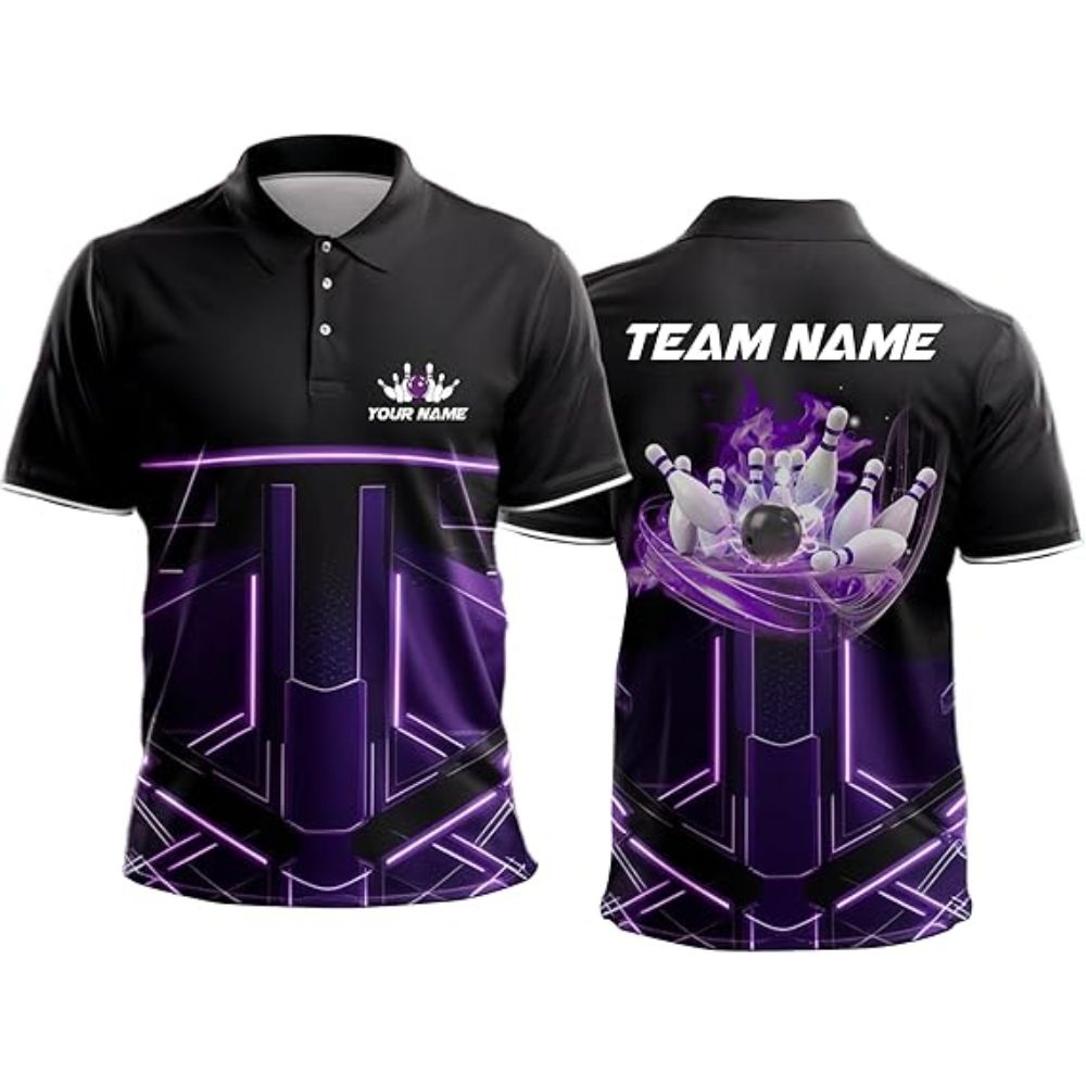 Custom Team Black And Purple Bowling Polo Shirts For Men, Custom Bowling Shirts BZ0295