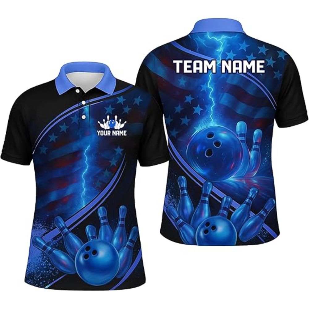 Custom Black and Blue American Flag Bowling Polo Shirt For Men, Custom Patriotic Bowling Team Shirts BZ0319