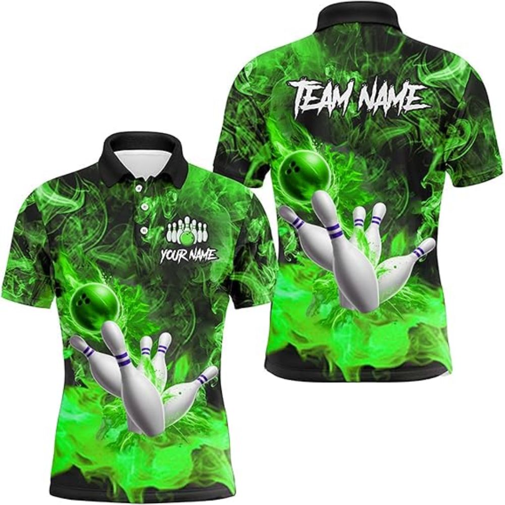 Custom Green Flame Bowling Polo Shirts For Men, Custom Flame Bowling Team Shirts BZ0324