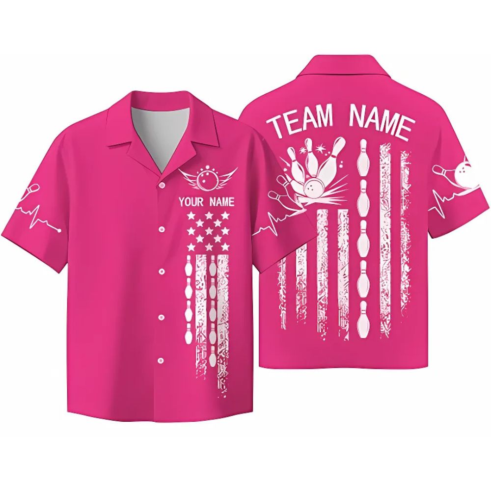 Custom American Flag Pink Hawaiian Bowling Shirt, Custom Patriotic Bowling Team Shirts BZ0325