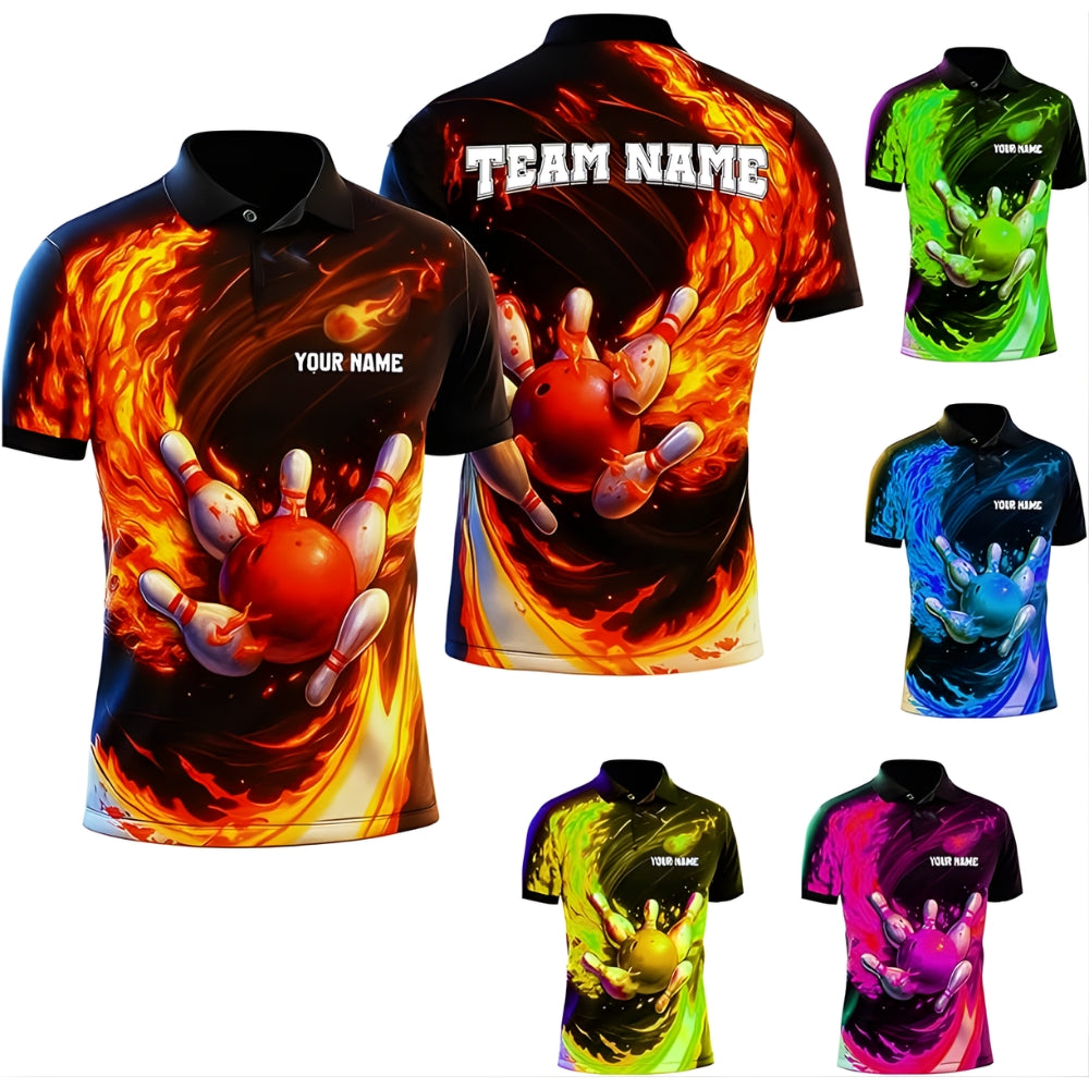 Custom Flame Bowling Polo Shirt Mens, Cusom Flame Bowling Shirts For Team BZ0331