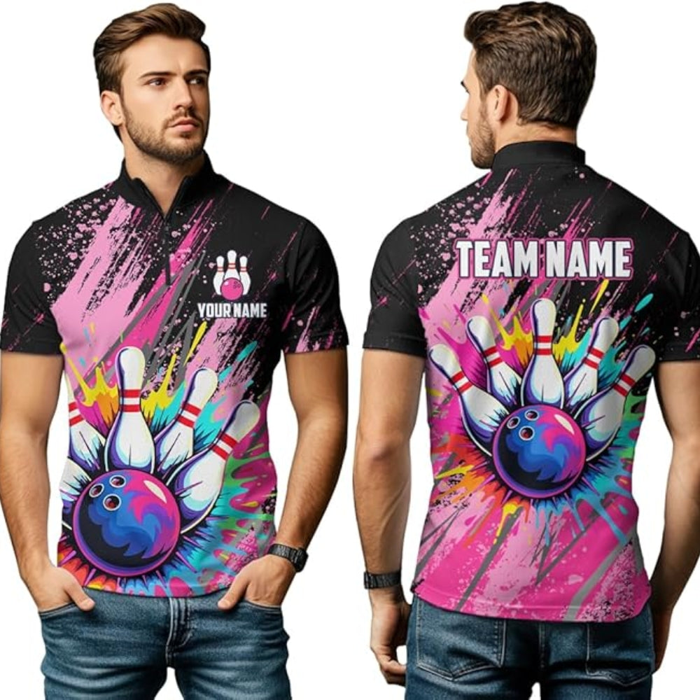 Black And Pink Custom Colorful Bowling Jersey For Mens, Custom Bowling Team Shirts BZ0335