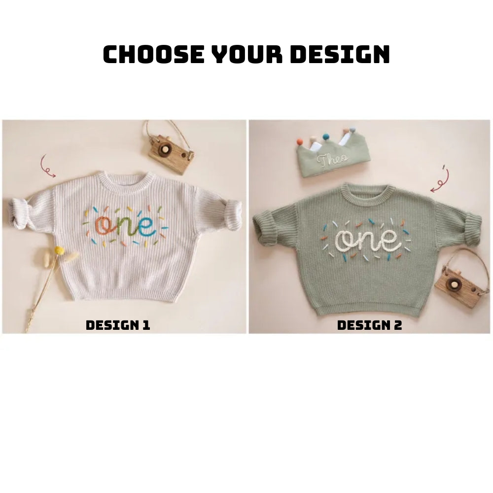 One 1st Birthday Baby Embroidered Knit Sweater, First Birthday Baby Sweatshirt BB0754