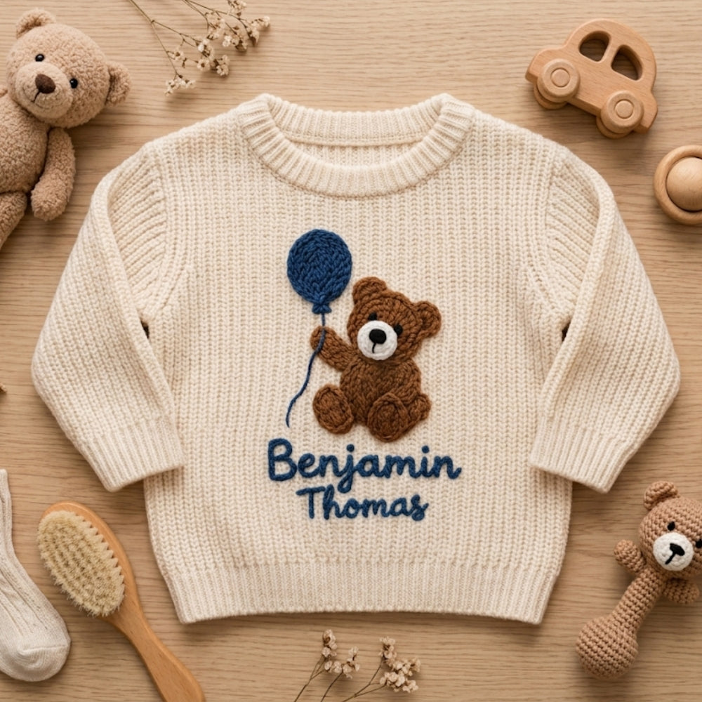 Personalized Teddy Bear Baby Embroidered Knit Sweater, Custom Bear Baby Sweatshirt BB0769