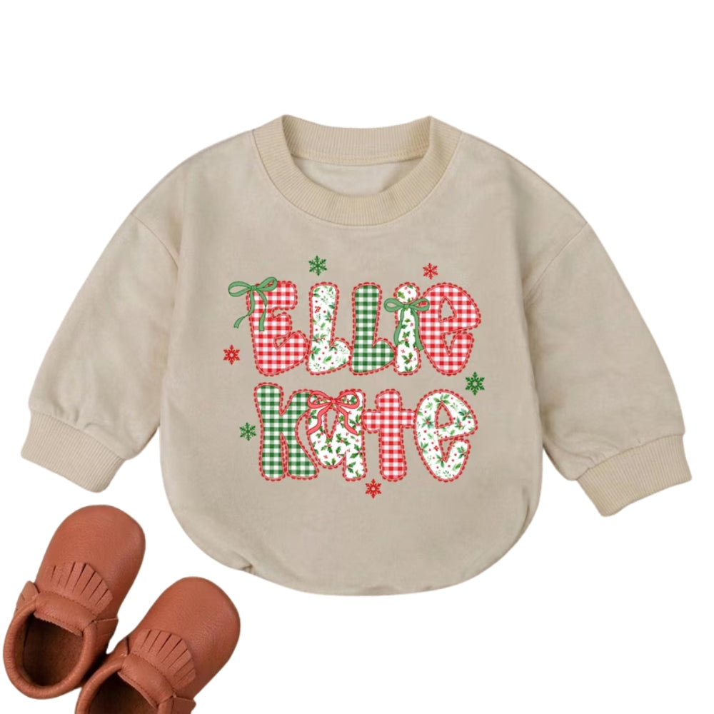 Custom Baby Name Gingham Christmas Romper Sweatshirt, Custom Christmas Baby Romper Sweater BB0937