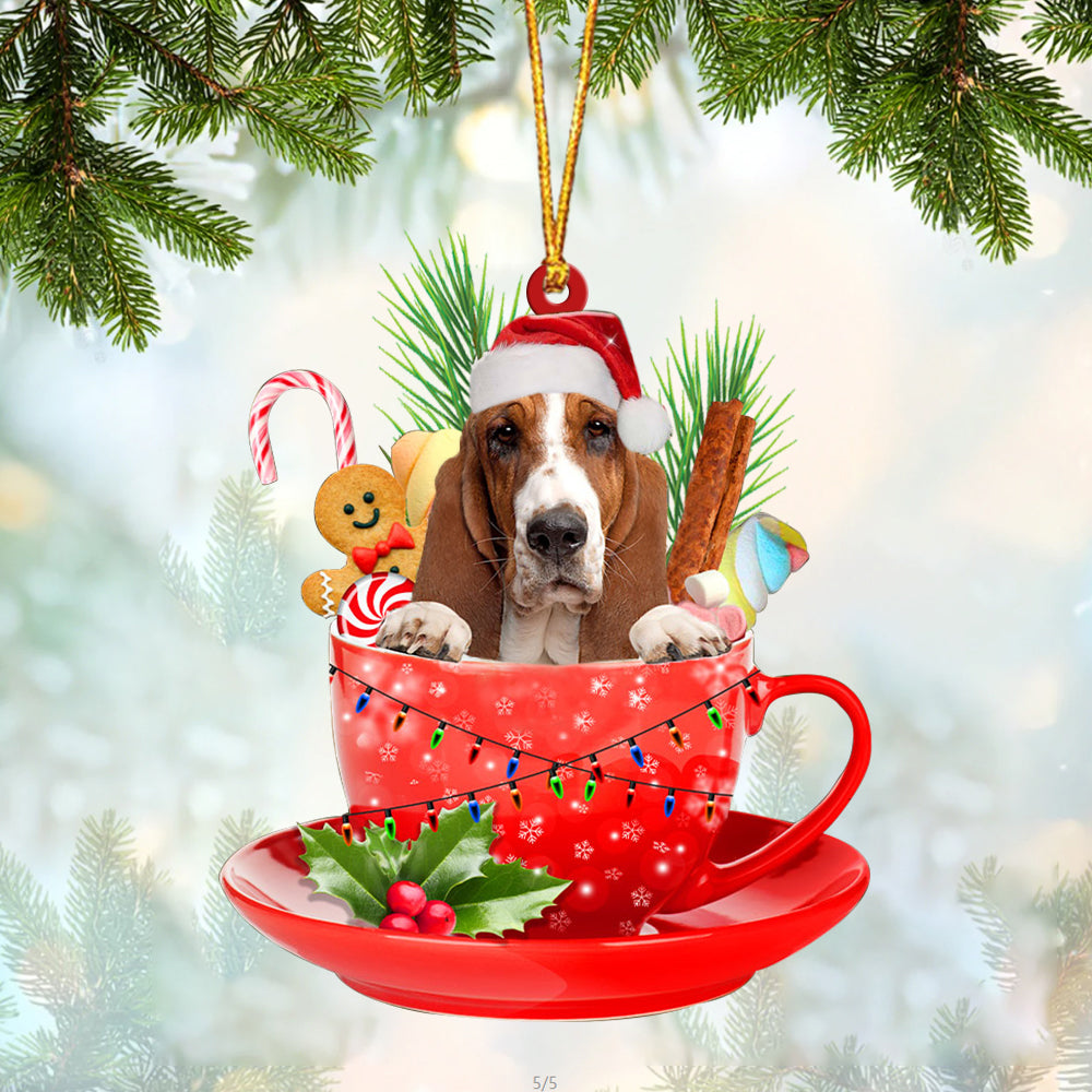 Basset Hound In Cup Merry Christmas Ornament Flat Acrylic Dog Ornament OO1904
