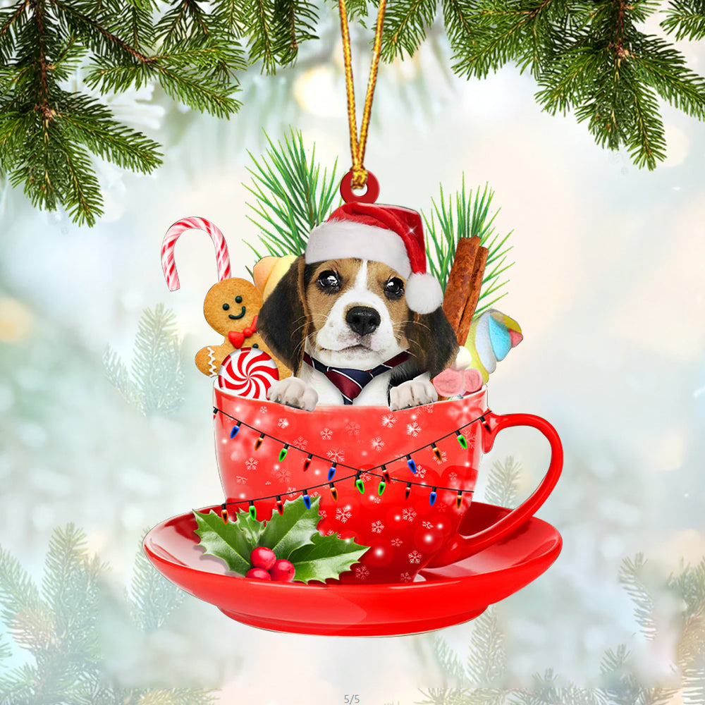 Beagle 2 In Cup Merry Christmas Ornament Flat Acrylic Dog Ornament OO1905