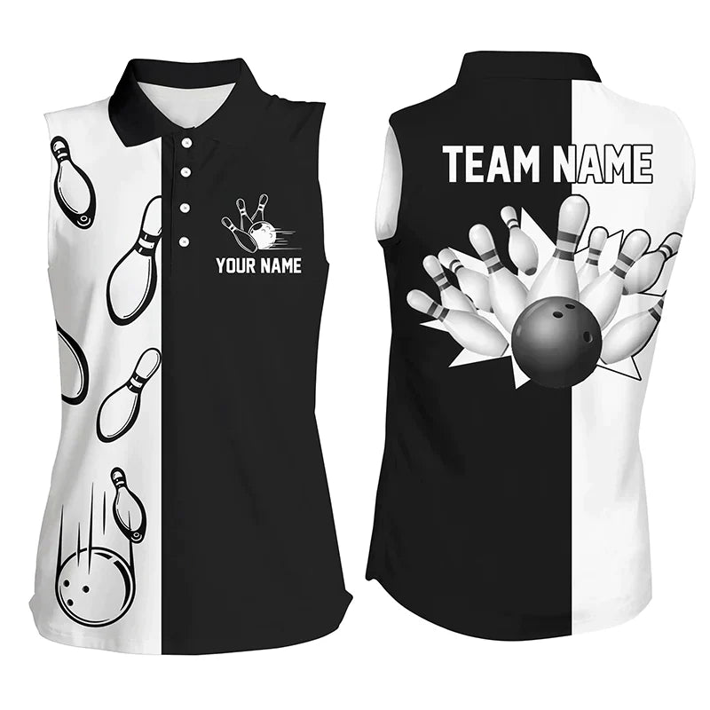 Black and white retro vintage Bowling sleeveless polo shirts for women custom Bowling team jerseys SO1341