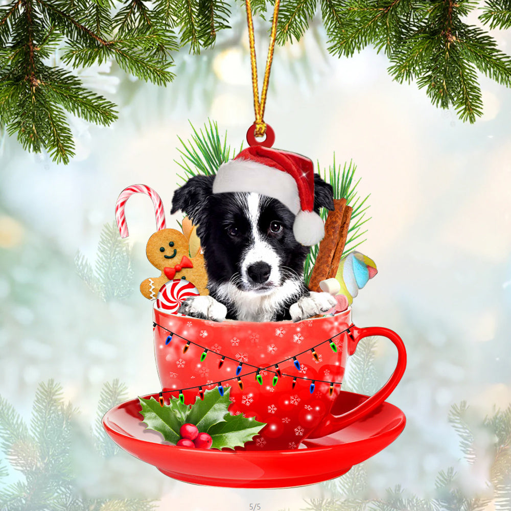 Border Collie In Cup Merry Christmas Ornament Flat Acrylic Dog Ornament OO1888