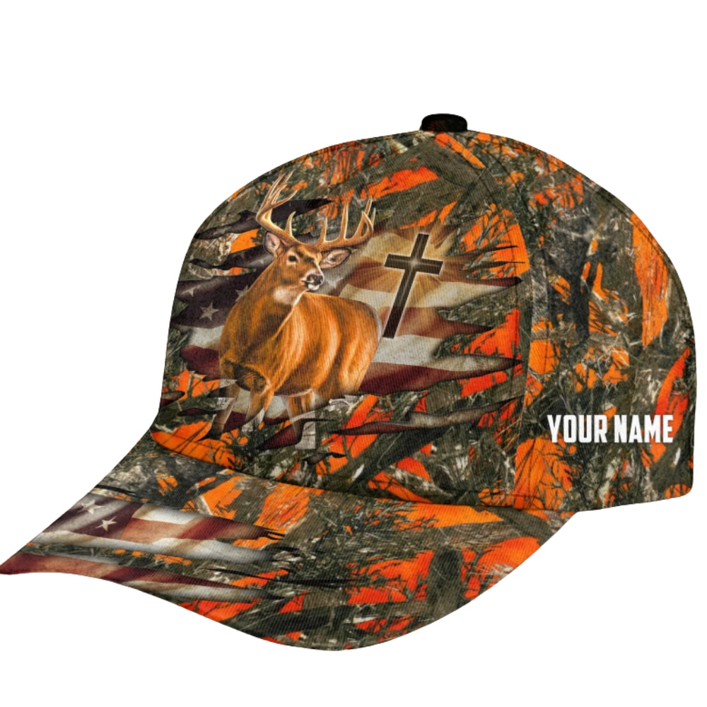 Custom American Cross And Deer White Hunting Cap, Custom Christian Patriotic Deer Hunting Cap CP0342