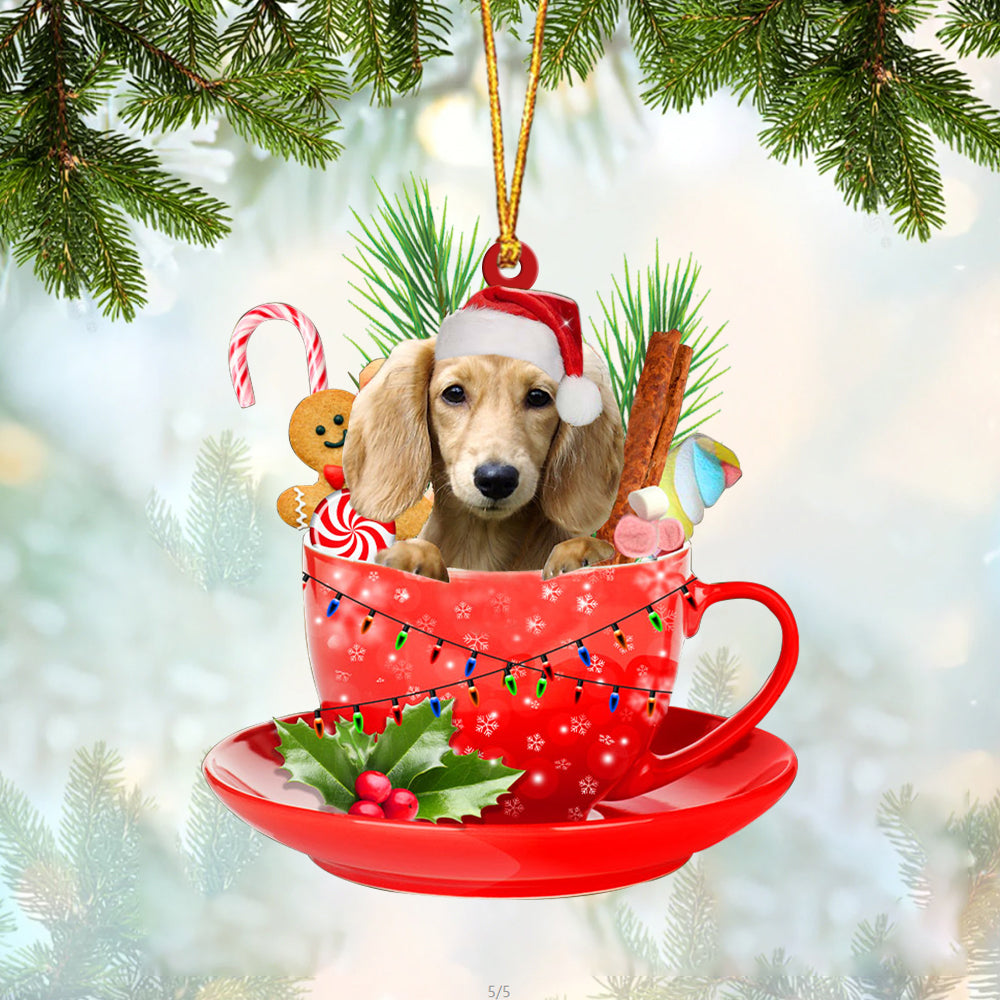 CREAM Long haired Dachshund In Cup Merry Christmas Ornament Flat Acrylic Dog Ornament OO1866