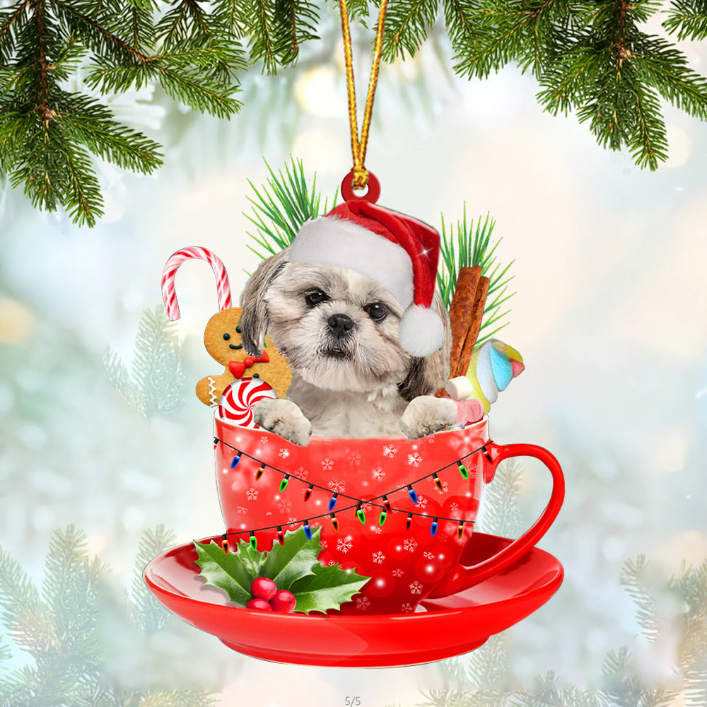 CREAM Shih Tzu In Cup Merry Christmas Ornament Flat Acrylic Dog Ornament OO1870