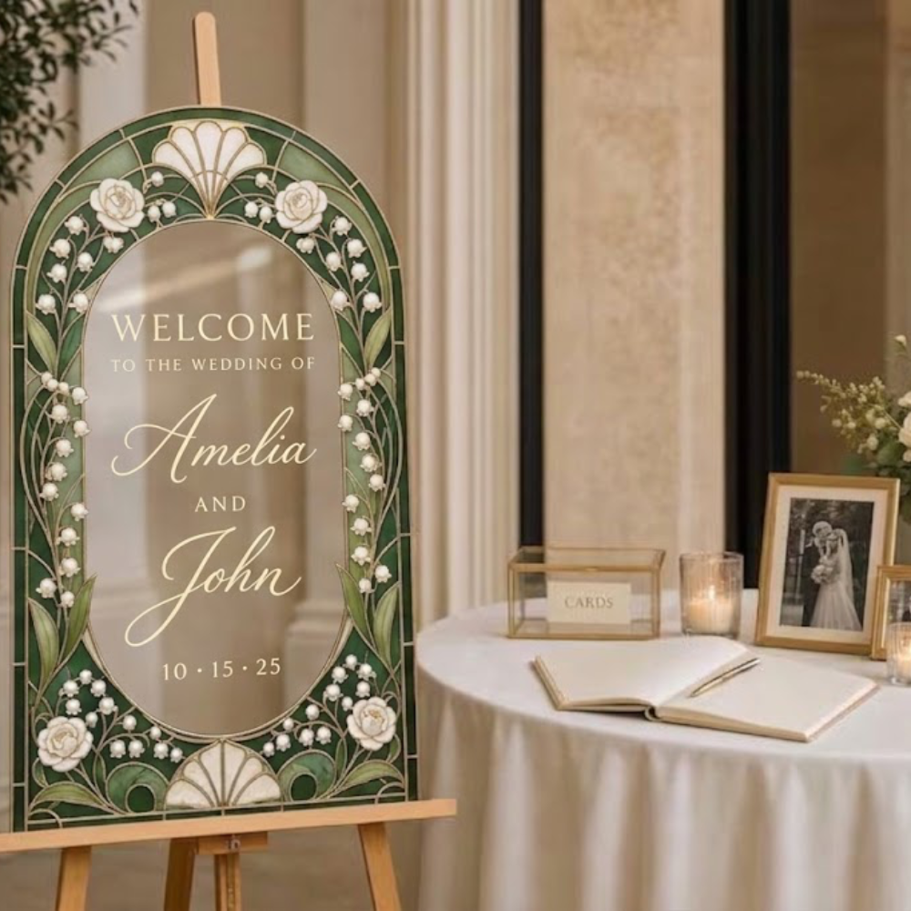 Custom Flower Stained Glass Green Wedding Acrylic Welcome Sign, Custom Floral Wedding Sign Stained Glass WD0737