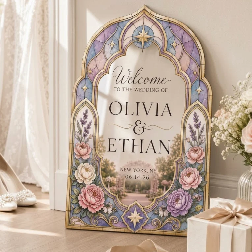 Personalized Lavender Blush Rose Stained Glass Wedding Acrylic Welcome Sign, Personalized Floral Stained Glass Sign For Wedding WD0753