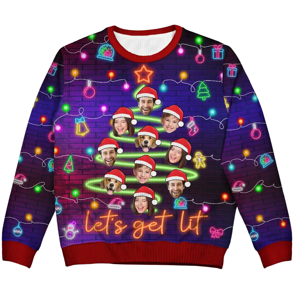 Let's Get Lit Custom Family Faces Christmas Tree Neon Sweatshirt, Personalized Funny Photo Christmas Sweatshirt 2D1210