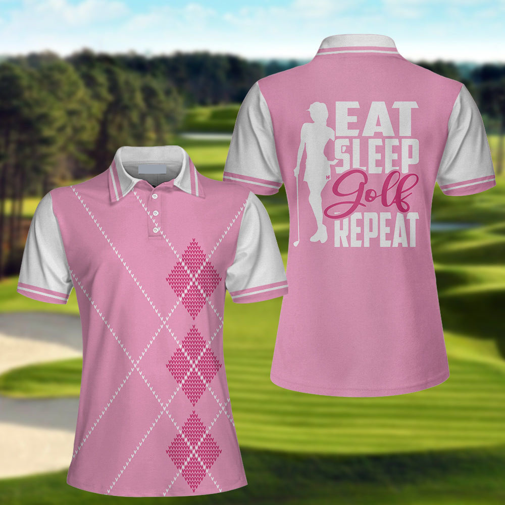 Eat Sleep Golf Repeat Golf Short Sleeve Women Polo Shirt, Pink Argyle Golf Shirt For Her SO1059