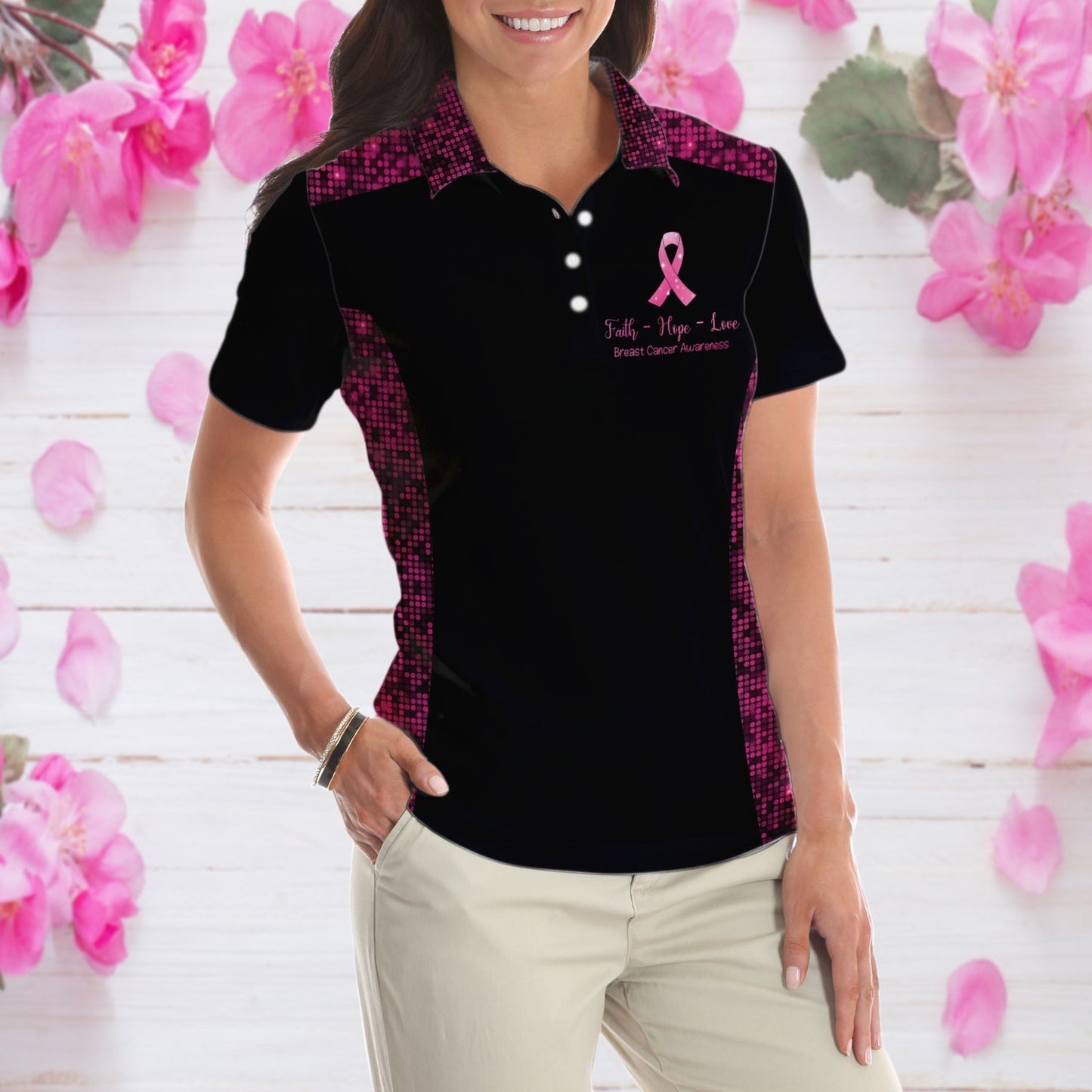 Faith Hope Love Angel Wings Breast Cancer Awareness Short Sleeve Women Polo Shirt, Pink Awareness Ribbon Polo Shirt For Ladies Lasfour SO0715