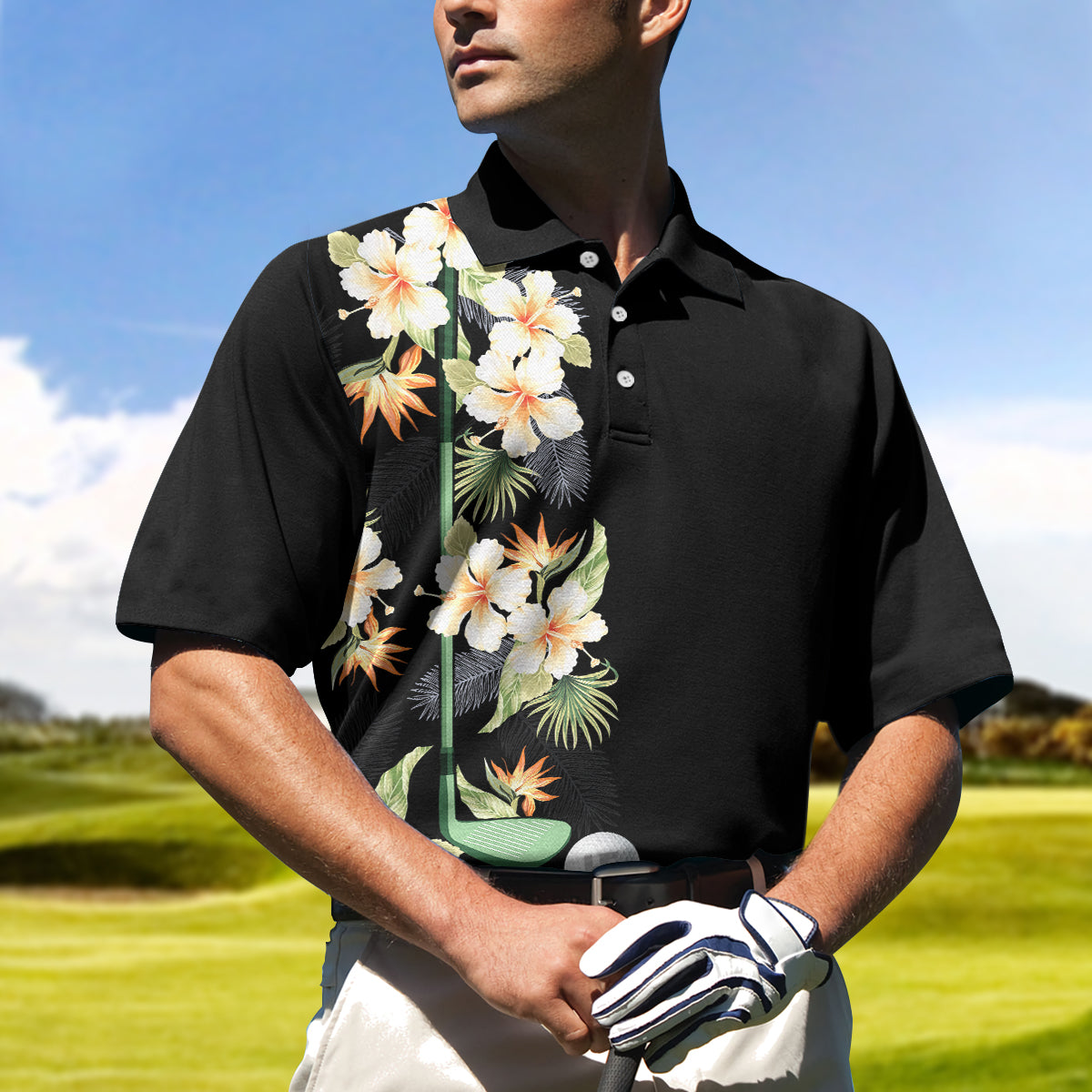 Floral Golf Club And Ball Polo Shirt, Wild Floral And Leaves Golfing Polo Shirt, Tropical Golf Shirt For Men Lasfour SO1411