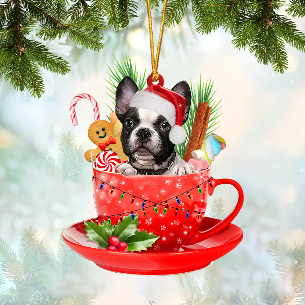 French Bulldog In Cup Merry Christmas Ornament Flat Acrylic Dog Ornament OO1929