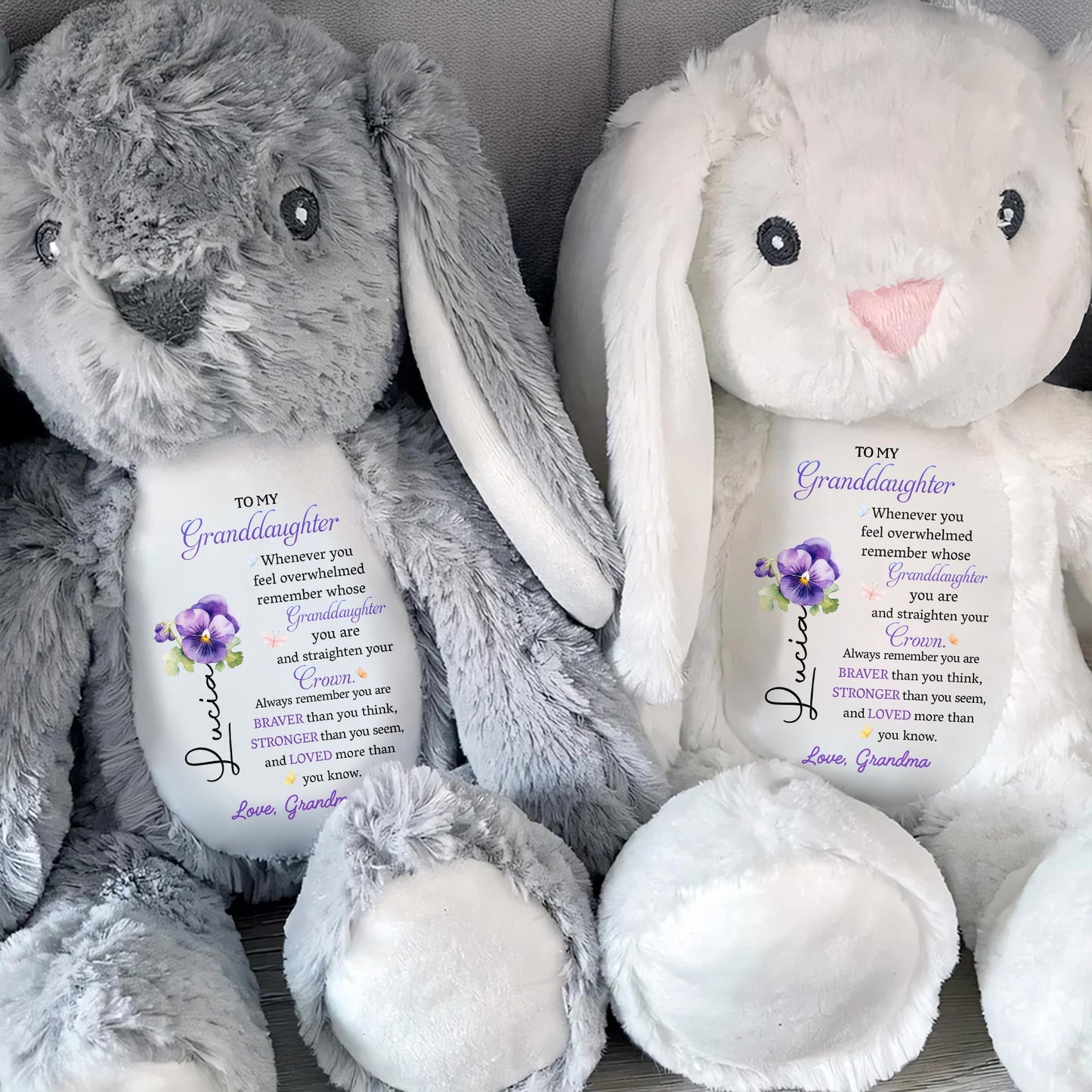 Straighten Your Crown You Are Braver Stronger Loved Personalized Birth Flower Stuffed Bunny, To My Granddaughter Whenever You Feel Overwhelmed Personalized Stuffed Bunny For For Daughter Granddaughter TD0020