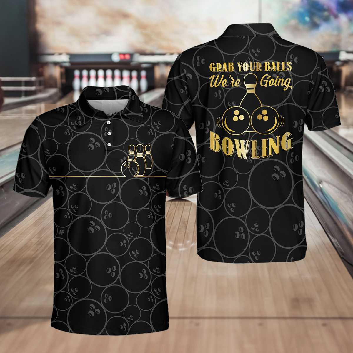Grab Your Ball We'Re Going Bowling Polo Shirt, Bowling Ball Pattern Polo Shirt, Black Bowling Shirt For Men Lasfour SO0901