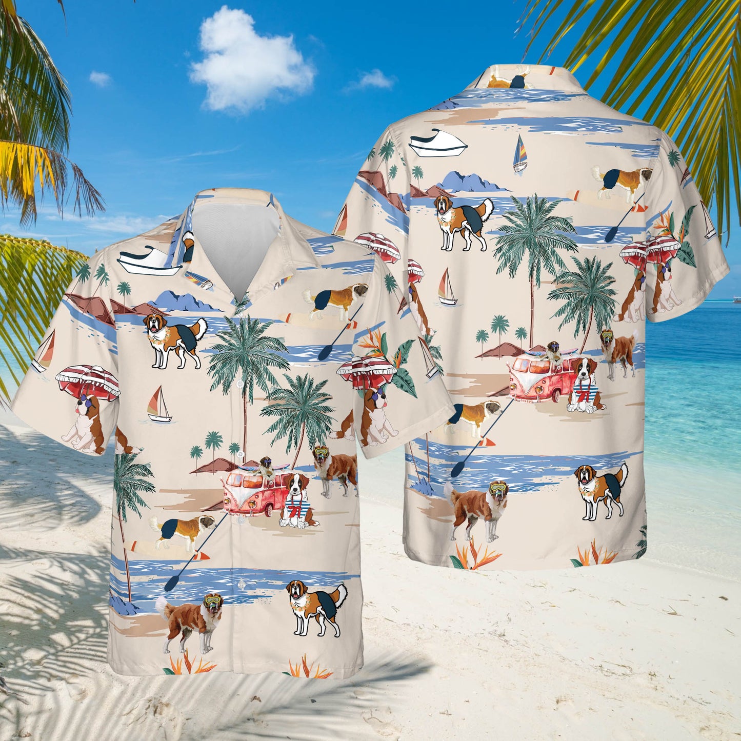 St. Bernard Summer Beach Hawaiian Shirt, dog beach Short Sleeve Hawaiian Shirt HO1331