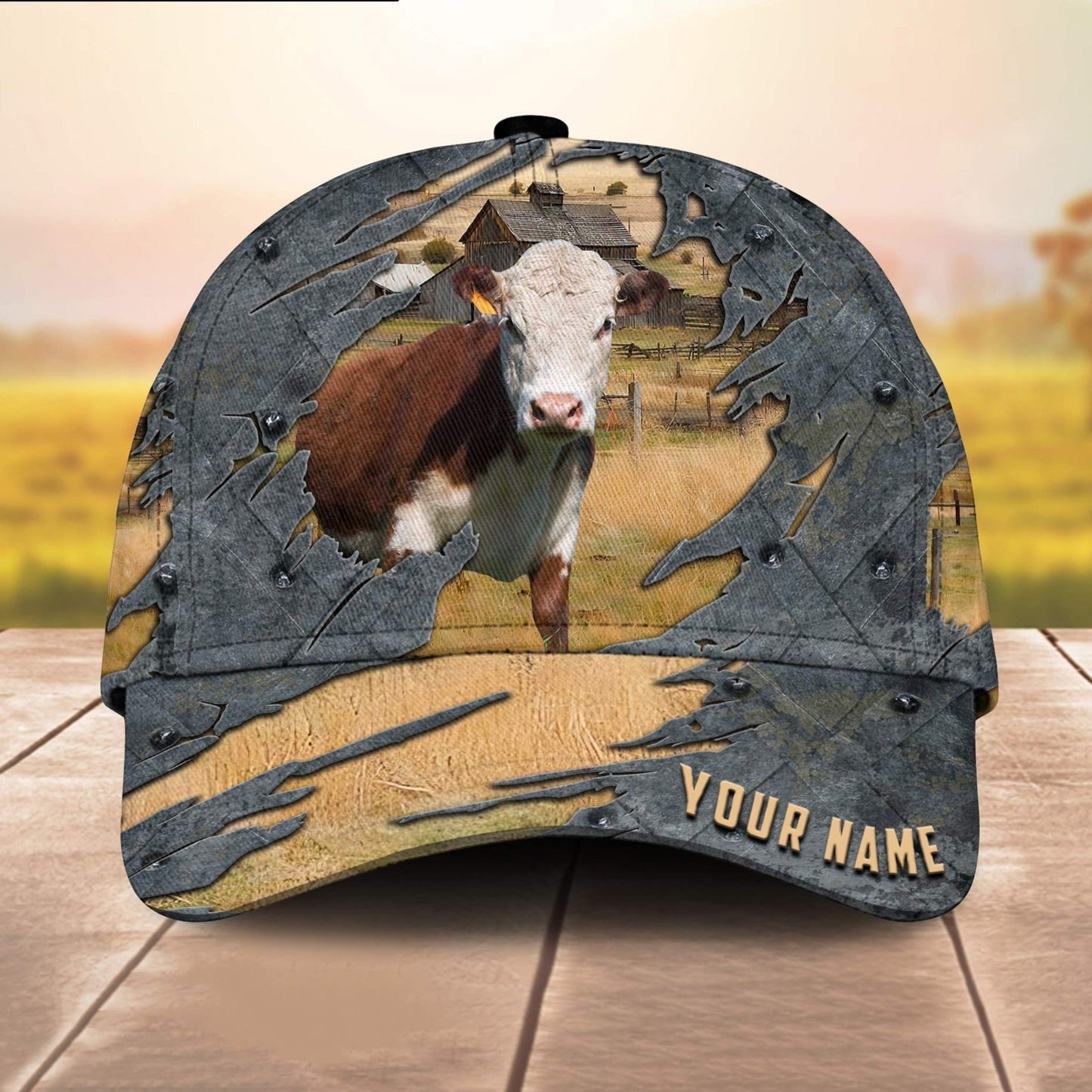 Hereford Customized Name 3D Cap 3D All Over Print Baseball Cap, Cap For Farm Lovers, Animal Cap, Leather Pattern Cap CA3210