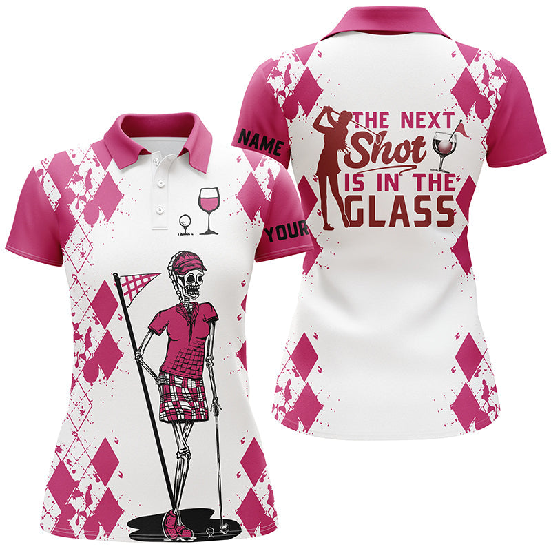 White Pink Argyle Pattern Women Golf Shirt Golf & Wine Custom Name Women Golf Polo Shirt SO0823