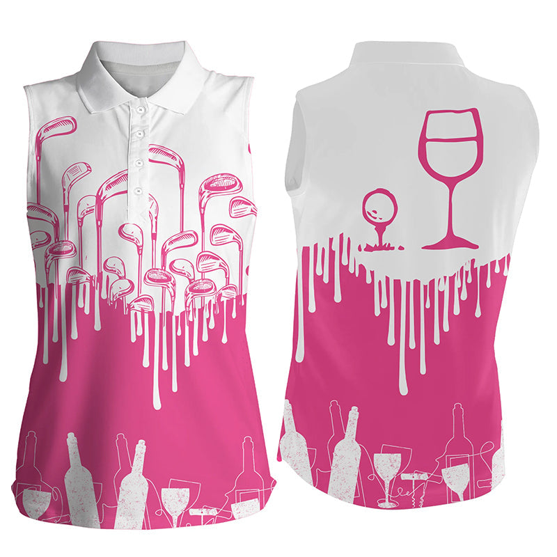 White And Pink Women Golf Shirt Golf & Wine Custom Name Women Golf Polo Shirts, Wine Golf Shirt SO0930