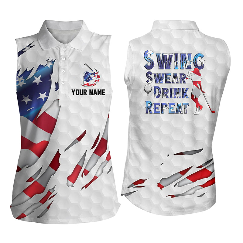 Swing Swear Drink Repeat American Flag Golf Polo Shirt Custom Patriotic Golf Shirts For Women GO0015
