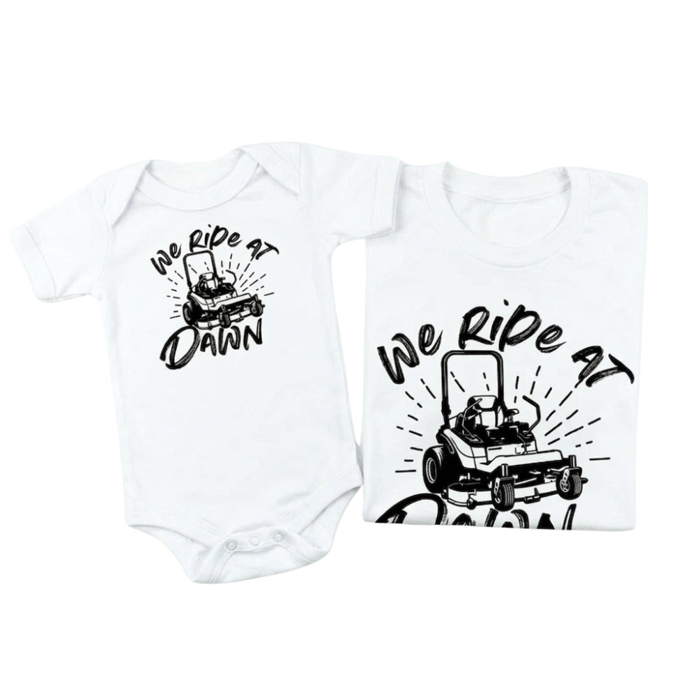 We Ride At Dawn Matching Lawnmower Dad And Son T Shirt, Gardening Lawn Care Family Matching Shirts ET0939